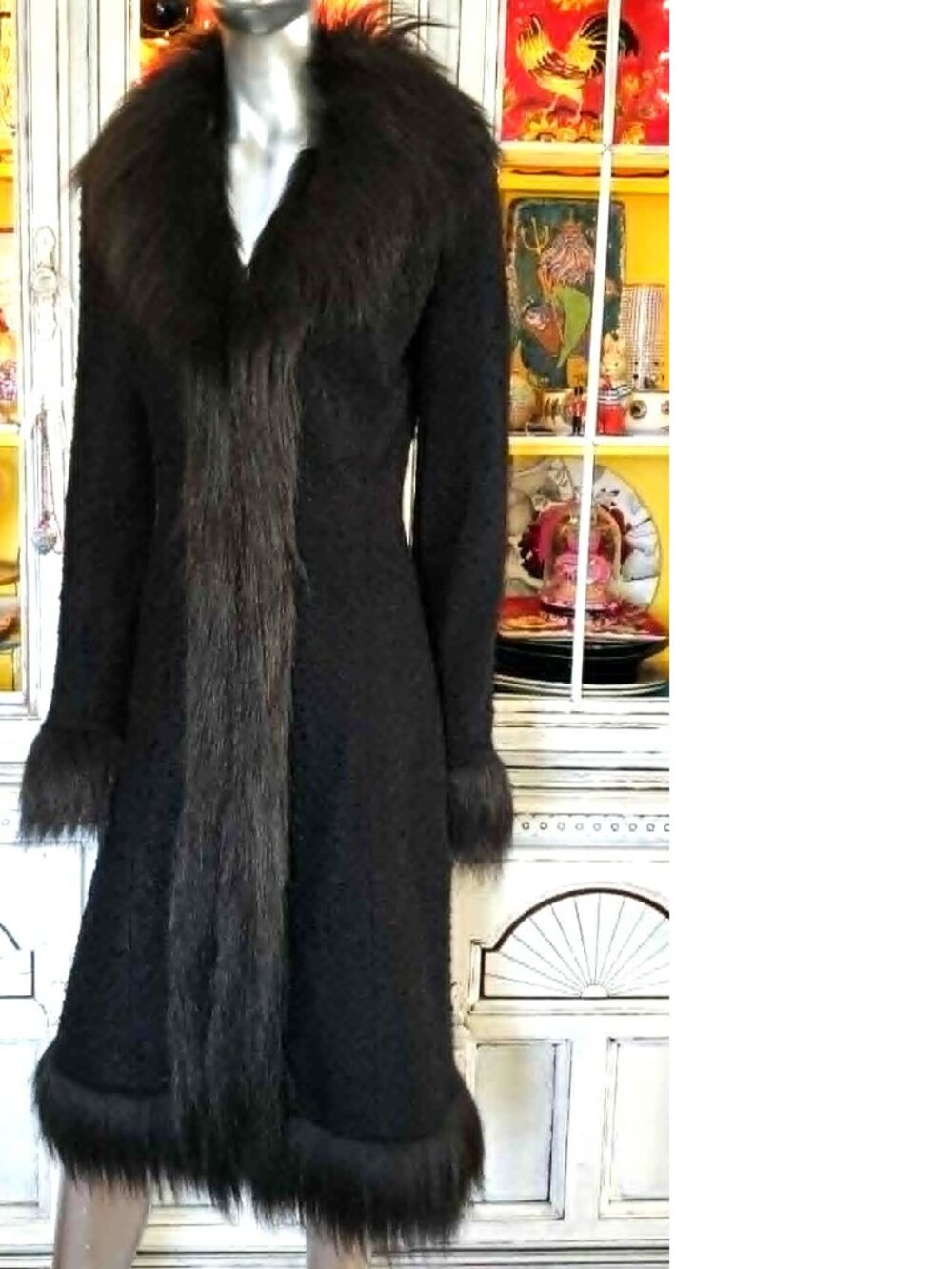 Vintage Betsey Johnson New York 90s Black Faux Fur Long Midi Duster Coat Jacket - Picture 14 of 16
